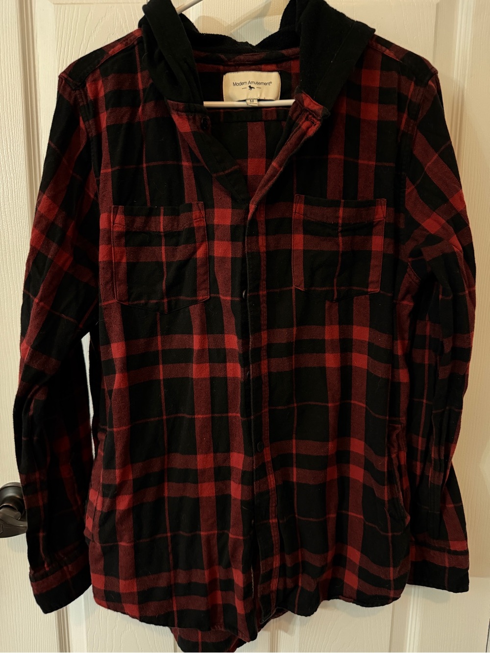 Modern Amusement Red and Black Plaid Button-Front Hooded Shirt